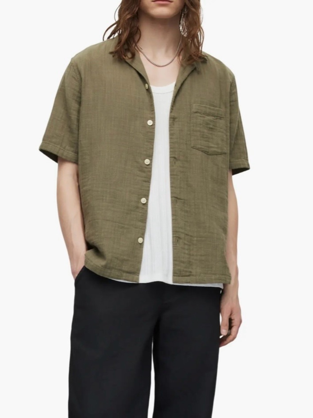 All Saints Vedra Textured Short Sleeve Organic Cotton Camp Shirt M Earthy Brown